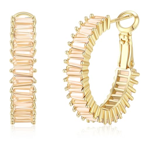 Trendy 14K Gold Plated Hoop Earrings for Women, Chunky Gold/Silver Earrings for Women Cubic Zirconia Baguette Hoop Earrings Heart Hoops Lightweight Hypoallergenic Jewelry,25mm/35mm/40mm/50mm - color: 01 Gold Champagne Hoops 25mm