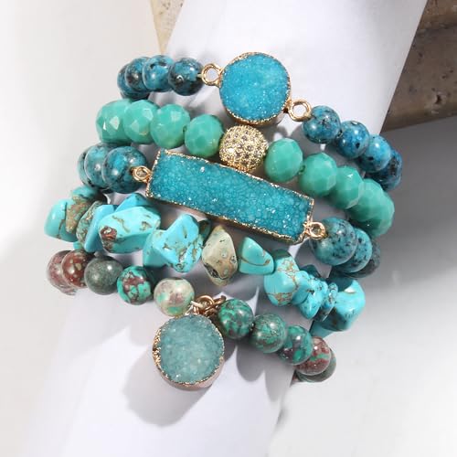 Yomisa 5PCS 6PCS Natural Boho Beaded Bracelets/Bangle for Women Men,Healing Turquoise Jasper Agate Crystal Gemstone Stone Chakra Multilayer Wrap Bohemian Handmade Jewelry Beads Stretch Bracelet Set - color: 5PCS-Blue