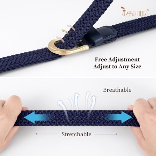 JASGOOD 2 Pack Braided Belts for Women, 1'' Narrow Width Elastic Woven Stretch Fabric Cloth Belts with Gold Buckle - color: C-black+blue, size: Fit Size 33"-36"