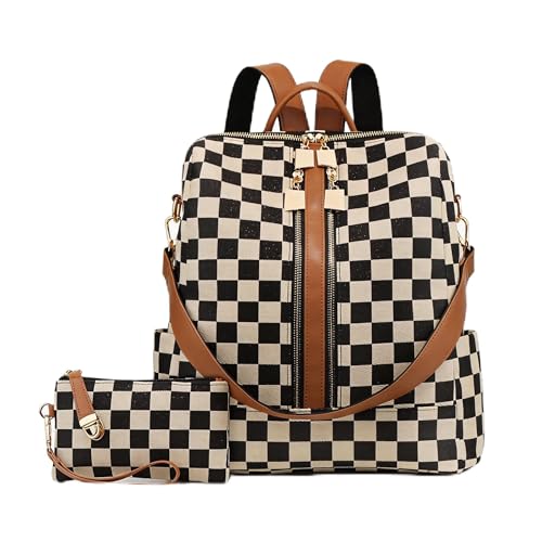 Women's Backpack with Wristlet Set, Large Capacity Tote Backpack for Women, Fashion Travel Backpack & Stylish Mommy Bag (Brown Chessboard)
