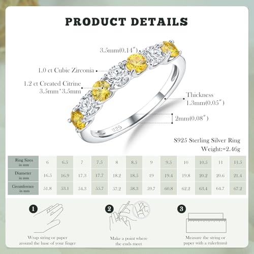 3.5mm Stackable Rings S925 Sterling Silver Created Birthstone & Cubic Zirconia Ring for Women Wedding Bands Anniversary Birthday Jewelry Size 6 to 10(with Box) - color: 11-Created Citrine & CZ-Nov