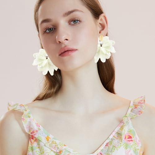 Handmade Fabric Flower Petal Fringe Dangle Drop Earrings Bohemian Floral Tassel Stud Earrings For Women - color: Off White