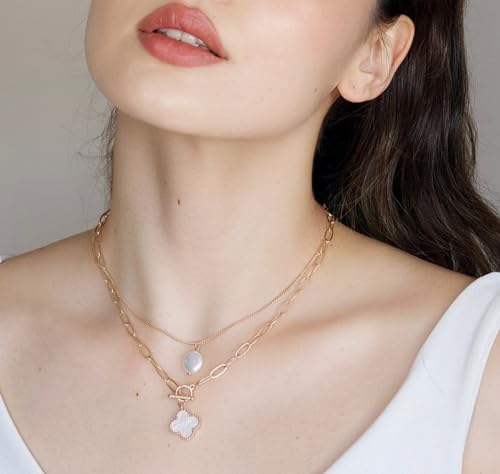 POMINA Chunky Thick Coin Necklace Trendy Fashion Statement Toggle Necklace Worn Gold Tone Pendant Thick Link Chain Layered Pearl Necklace - color: 2PC Clover/Pearl_Worn Gold