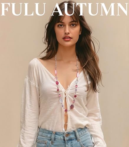 FULU AUTUMN Long Necklaces for Women Trendy Long Chunky Beaded Necklace Boho Fashion Costume Jewelry Mothers Day Gifts for Her - color: Pink