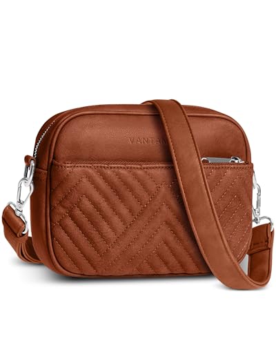 Vantamo Premium Quilted Crossbody Bags for Women with Anti-Pickpocket Clip, Vegan Leather Handbags, Travel Purses for Women - color: Brown With Faux Leather Strap