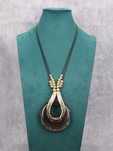 GelConnie Leather Necklace for Women Large Pendant Long Brown Necklace Circle Leather Choker Vintage Sweater Necklace Gold Chunky Boho Necklaces for Women - style: Black Stone Beads Necklace