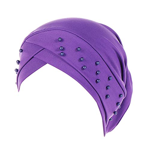 Women Beaded Silky Beanie, Pre-Tied Turban Head Wrap Cap for Chemo Chemical Cancer Hair Loss Cover Hat - color: Purple
