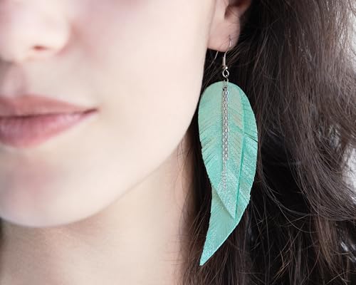 Black shiny Leather Feather Earrings for Women, Lightweight Minimal Boho Dangle Earrings, Small Simple Everyday Jewelry - color: Light green shiny