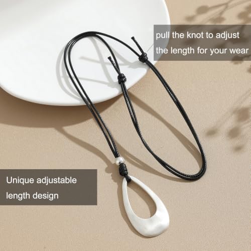Brushed Gold Plated Classic Teardrop Pendant Long Necklace for Women, Adjustable Length Brown Wax Cord Sweater Chain Fashion Jewelry Gifts - color: Brushed Silver
