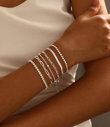 DEARMAY Sterling Silver Plated Bracelets Set for Women Waterproof, Non Tarnish Sterling Silver Link Chain Bracelets Pack Dainty, Fashion Jewelry Gifts for Everyday Comfortable - color: 6Pcs Silver Bracelets E