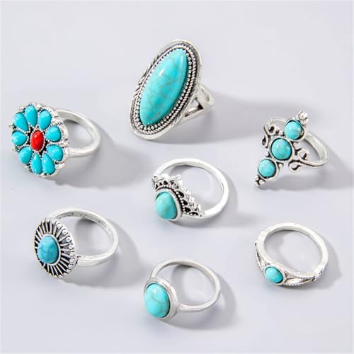Bohemian Joint Knuckle Rings Set for Women,Vintage Boho Turquoise Stackable Rings Chunky Retro Turquoise Midi Finger Ring Statement Western Jewelry - style: Style C