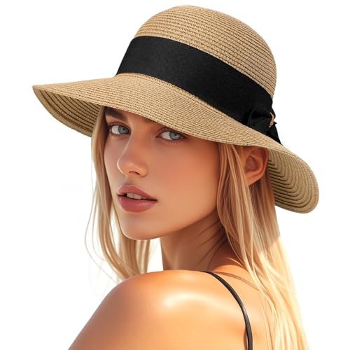 Beach Hats for Women, Sun Straw Hat for Women, UPF 50+ UV Sun Protection Sun Hat Womens, Foldable Floppy Sun Hat - color: N-khaki