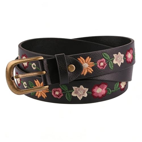Utaly Women's Floral-Embroidered-Black-Leather-Belt - Vintage Boho Country Style Flower-Belts