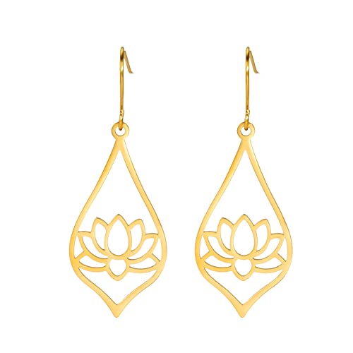 TEAMER Stainless Steel Lotus Flower Dangle Earrings Bohemian Drop Earring Unique Geometric Jewelry for Women - color: Lotus 3-Gold