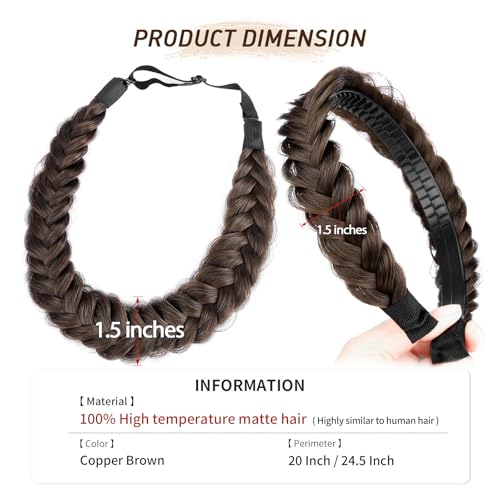 2PCs Braided Headband with teeth Handmade Messy Wide Synthetic Hair Elastic Stretch Fluffy Hairpiece for Brides (Copper Brown) - color: Copper Brown