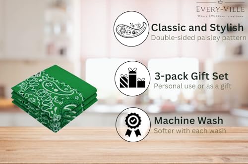 Classic Paisley Bandanas - 3 Pack Gift Set, 100% Cotton, 22x22 Inches - color: Dark Green