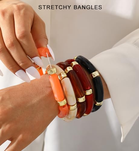 iF YOU 6pcs Chunky Acrylic Bangle Bracelets for Women, Resin Bamboo Brown Stretchy Bracelet Stack, Fashion Jewelry for Women - color: 5pcs-orange & red & brown bangles