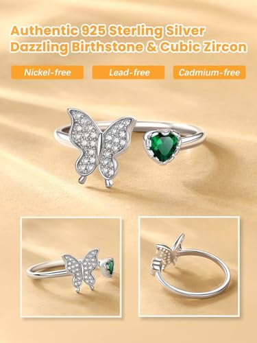 Bestyle 925 Sterling Silver Butterfly Ring Hypoallergnic Adjustable Birthstone Rings for Women Butterfly Jewelry Gifts for Anniversary Mothers' Day Birthday - color: 05.May(Emerald)