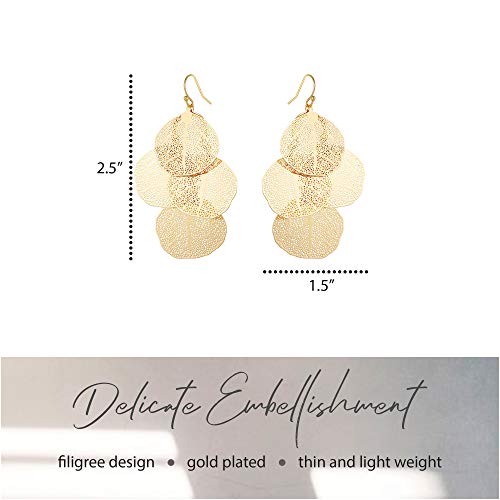 Bohemian Boho Filigree Leaf Chandelier Dangle Earrings for Women – Handcrafted Delicate – 14K Gold Plated – Lightweight - style: Gold - 3 Layered Circle Leaf Chandelier