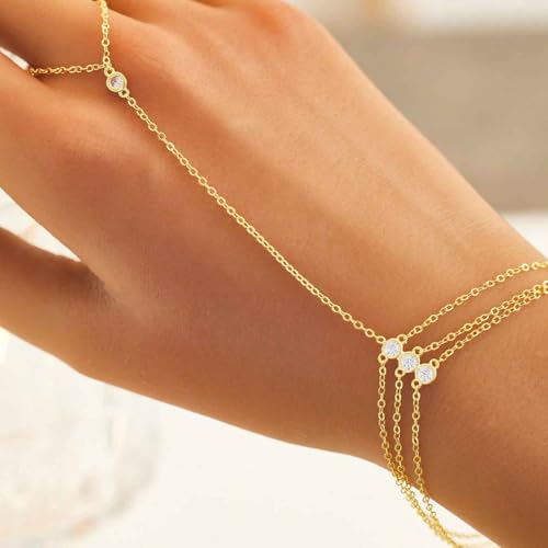 925 Sterling Silver Hand Chain Bracelet for Women,Non Tarnish 14k Gold Plated CZ Crystal Heart Starburst Ring Bracelets Hand Chain Dainty Diamond Layered Stackable Link Chain Beach Waterproof Graduation Wedding Gifts - color: Gold