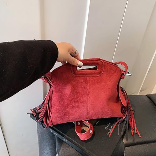 Women's Suede Fringe Crossbody Bag, Retro Hollow Handle Shoulder Purse, Novelty Fashion Tassels Bucket Bag Handbag - color: Red