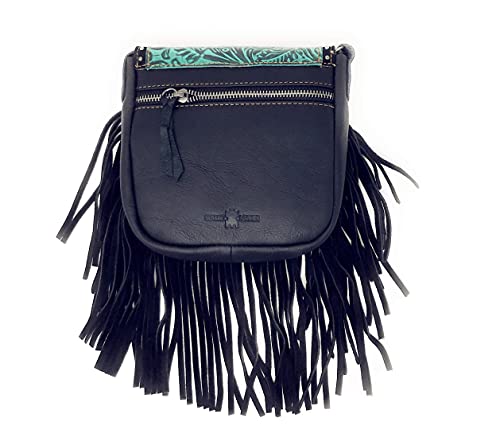 Western Genuine Leather Floral Tooled Fringe Womens Crossbody Bag 3 Color - color: Black/Turq