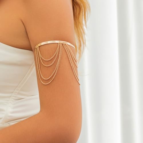 Xerling Chains Tassel Arm Bracelets Open Cuff Armband Armlet Boho Upper Arm Band Jewelry for Women - color: Gold