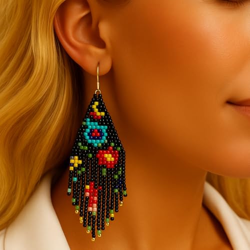 Flower Black Beaded Long Tassel Western Native American Earrings For Women Dangling - color: flower