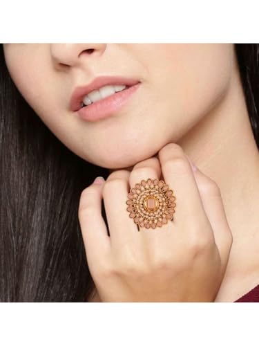 Efulgenz Indian Jewelry Rings for Women Antique Round Faux Pearl Crystal Bollywood Adjustable Big Finger Ring Fashion Party Statement Jewelry for Women - color: Peach