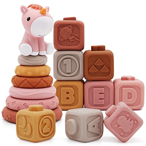Nueplay Soft Stacking Toys & Jigsaw Puzzles for Baby Girls — 12PCS Cube-Type Puzzles, Sensory Rings & Shape Blocks Set with Unicorn Topper, Montessori Learning Playset for 1 Year Old