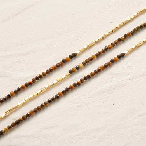 MYEARS Women Beaded Bracelet Gold Gemstone 14K Simple Dainty Handmade Chain Everyday Boho Beach Jewelry - style: Yellow Tiger's Eye