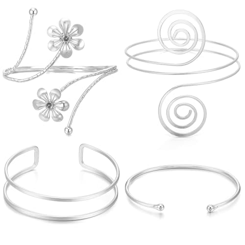 YVVLEE 4PCS Gold Silver Arm Cuff Jewelry for Women Upper Arm Cuff Bangle Band Armlet Adjustable Minimalist Coil Arm Armband Set - color: D