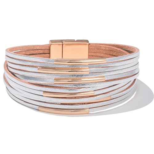 FANCY SHINY Boho Leather Bangle Bracelets Stackable Noodle Tube Bracelets Layered Wrap Cuff Bracelets with Magnetic Clasp - color: Silver