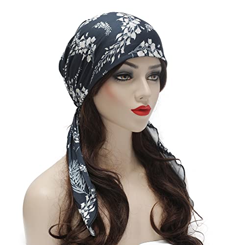 ZLYC Chemo Headwear Pre Tied Head Scarf Headwraps Lightweight Turban Beanie Cap for Women - color: Leaves Navy