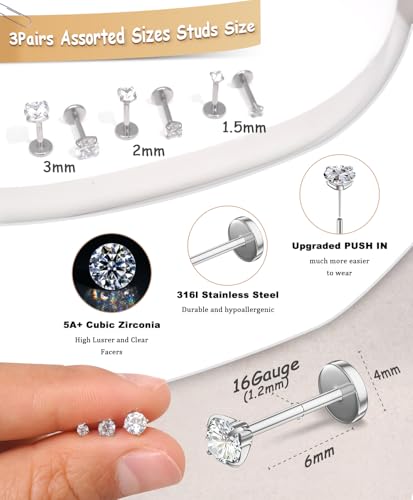 Small Cartilage Double/Triple-Hoop Helix Conch Piercing Earrings With Cubic Zirconia For Women Trendy 14K Gold Plated Titanium Surgical Stainless Steel Sets Nose Rings Hoops Septum Rings - color: Silver, style: F-4Pairs-16Gauge-Triple CZ hoop
