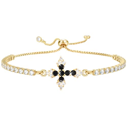 VIBILIA Bracelets for Women, Cross Bracelets for Women Trendy, Dainty Tennis Bracelet, Catholic Gift for Mom Daughter Wife Sister Friend, Communion Gift on Birthday Valentine's Day Easter Mother's Day - color: K. Gold-Black