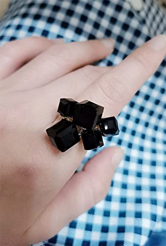 Hebelee Boho Square Crystal Statement Ring for Women Gold-Toned Adjustable Expandable Promise Engagement Geometric Rings Comfort Fit Elegant Art Deco Birthday Christmas Cocktail Party Y2K Jewelry - color: Black