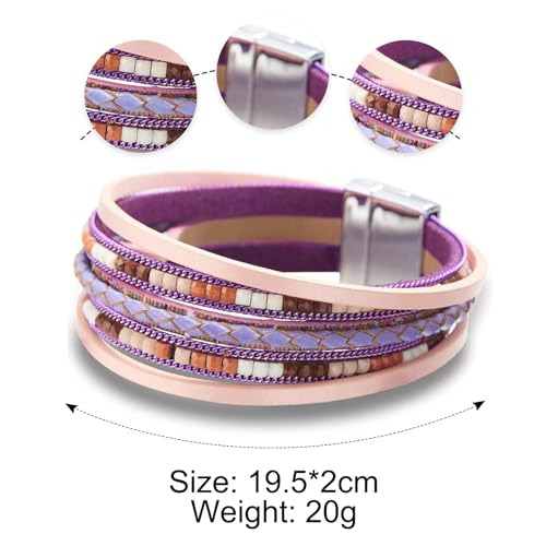 Fesciory Leather Wrap Bracelets for Women, Boho Leopard Multi-Layer Crystal Beads Cuff Bracelet Jewelry - color: Boho Braid(Pink)