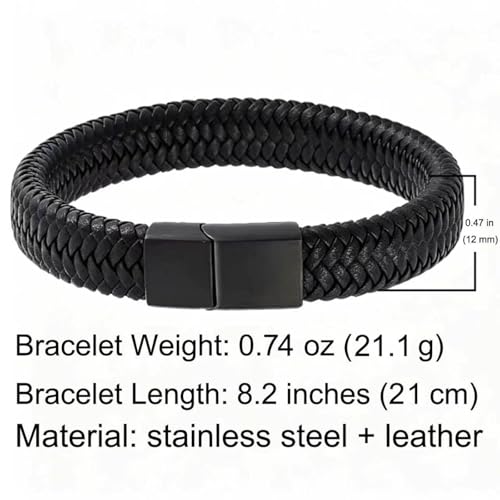 Men's Leather Bracelet, Stackable Stainless Steel Clasp Bracelets for Men Stylish Birthday, Thanksgiving, Valentine's Day Gift for My Man - style: 8.2" Black