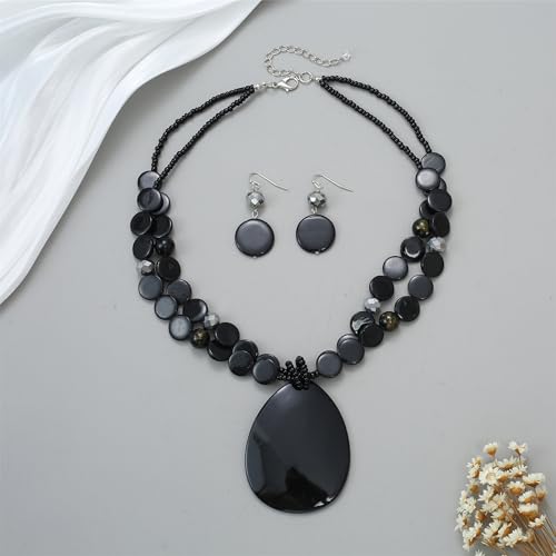 Big Teardrop Pendant Necklaces for Women Colorful Beaded Necklaces Statement Set for Holiday. - color: Black
