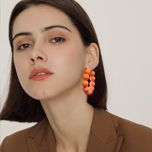 Summer Candy Colored Bead Earrings Lightweight Dainty Acrylic Geometry Hoop Earrings for Women Cute Boho Chic Handmade Jewelry - color: Orange