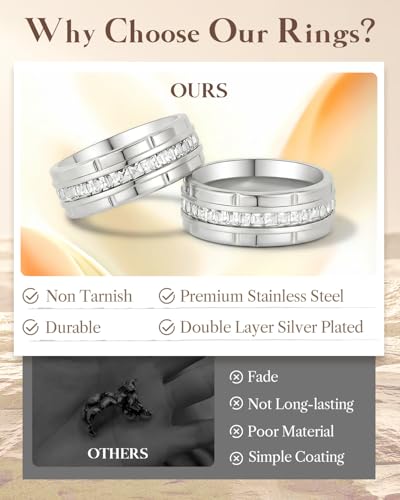 8mm Mens Gold Wedding Band with Cubic Zirconia Silver Eternity Ring CZ Inlaid 18K Gold Plated Stainless Steel Rings for Men, Rings Size 5-12 - color: Silver