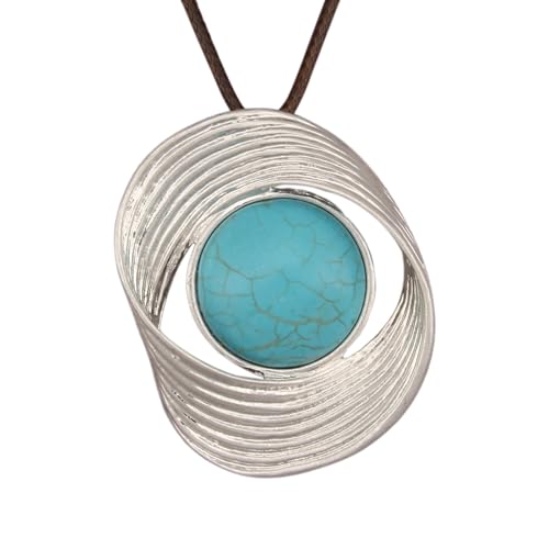 Kelake Leather Necklace for Women Men Teen Vinatge Boho Alloy Pendant Choker Jewelry Fashion Sweater Necklaces with Adjustable Genuine Leather Chain - color: Blue Turquoise Silver Swirl Pendant