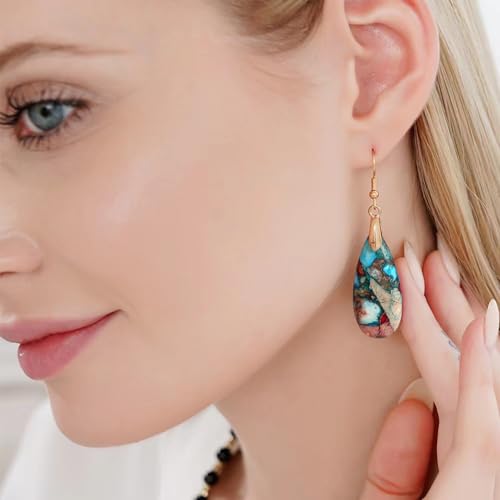 Stone Drop Earrings for Women Earrings Teardrop Jasper Stone Dangle Earrings - color: Blue&Red-Golden Hook