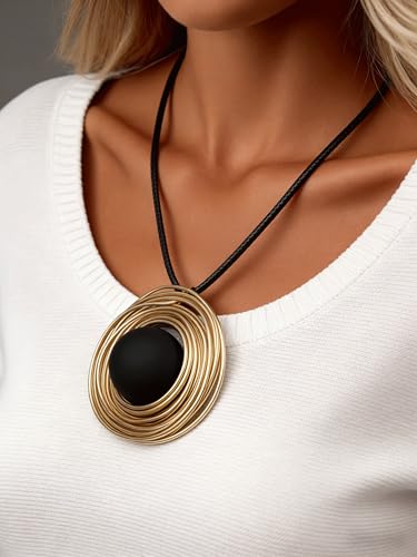 PU Leather Necklace Vintage Boho Style Multilayer Pendant Long Sweater Necklace Jewelry for Women Men with Adjustable Leather Cord - color: Gold Black Round Pendant Necklace