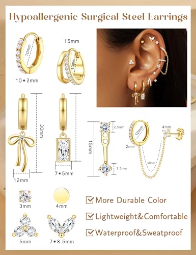 ORAZIO Small Hoop Stud Earrings Stacks for Women 14K Gold Plated Silver Huggie Hoops Cartilage Hypoallergenic Chain Cute Dangle Earrings Set for Multiple Piercings Jewelry - color: 14K Gold Plated Earrings