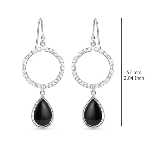 LeCalla 925 Sterling Silver Drop & Dangle Earrings for Women | Handmade Hammered Textured Drop Dangle Earring Jewelry | Women's Hammered Earrings Jewelry for Gift Mom Wife - color: Open Circle Black Onyx