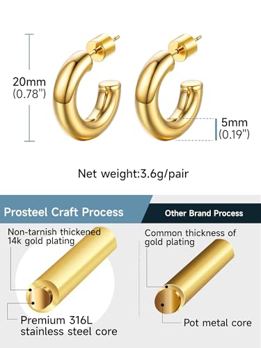 Stainless Steel Chunky Hoop Earrings For Women, Minimalist and Chic, Black/Gold Plated, Round Hoops Earrings Hypoallergenic, Size: 30mm/40mm/60mm/80mm, Come with Box - color: 2. Gold, size: 20MM