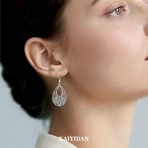 Silver Dangle Earrings For Women Trendy,Boho Cute Drop Western Earings,Vintage Gothic Ethnic Statement Beach Vacation Long Earrings with Leaf Teardrop Turquoise Crystal Tassels,Fashion Jewelry Birthday Gift. - color: A26) Engarved Floral Teardrop