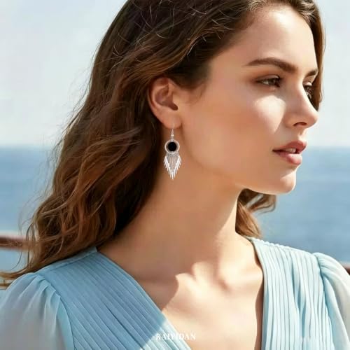Silver Dangle Earrings For Women Trendy,Boho Cute Drop Western Earings,Vintage Gothic Ethnic Statement Beach Vacation Long Earrings with Leaf Teardrop Turquoise Crystal Tassels,Fashion Jewelry Birthday Gift. - color: A59) Silver Plated Tassels Dangle